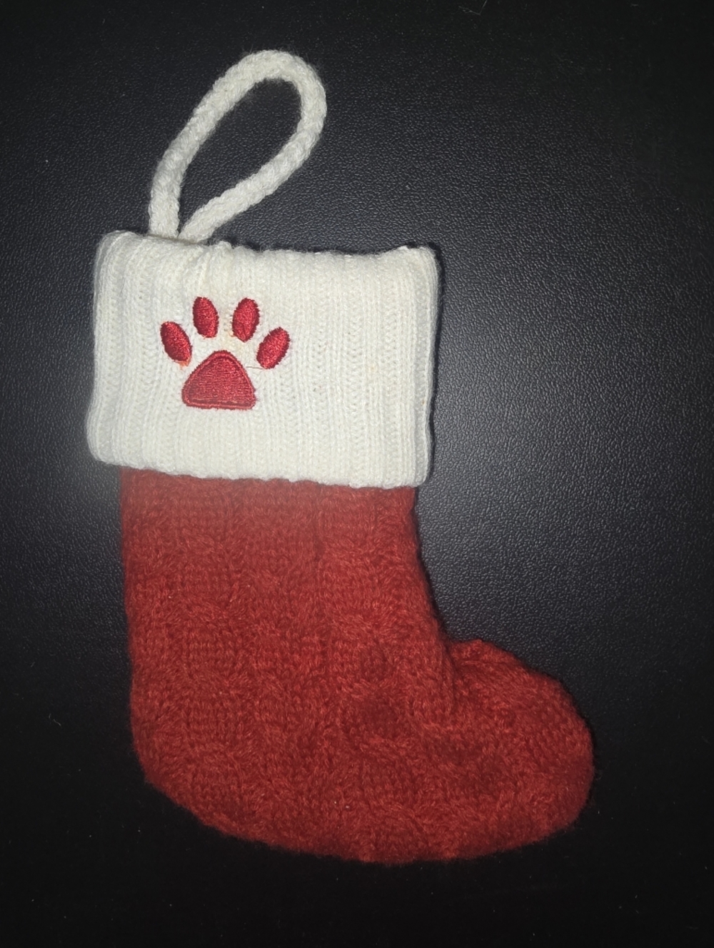 Red & Cream Knit Holiday Stocking with Puppy Paw Accent
